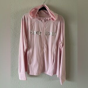 Bebe Pastel Pink Zip Front Hooded Jacket Women’s 2X Stretch Thumb Holes Scuba